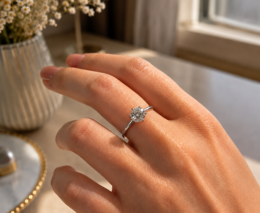 Close view of a hand wearing a silver-tone round-cut moissanite solitaire ring by a window