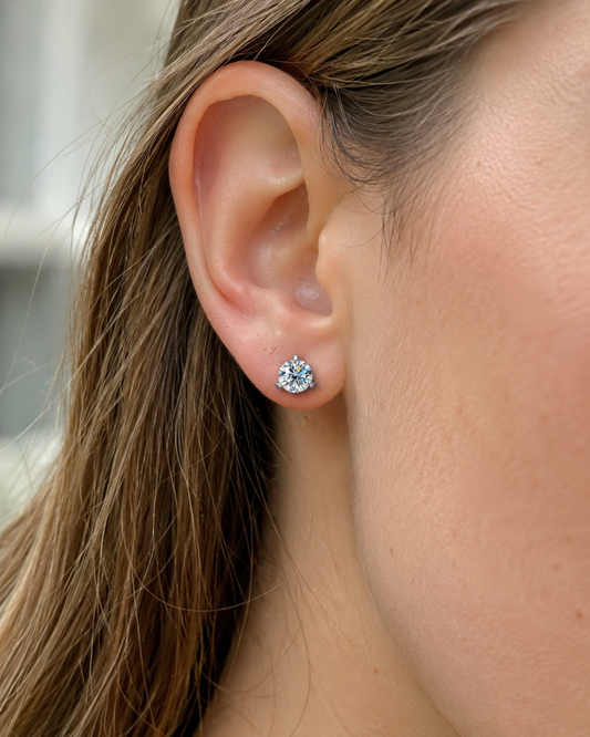 Zethech Nova Round Studs worn on ear in close-up model photo