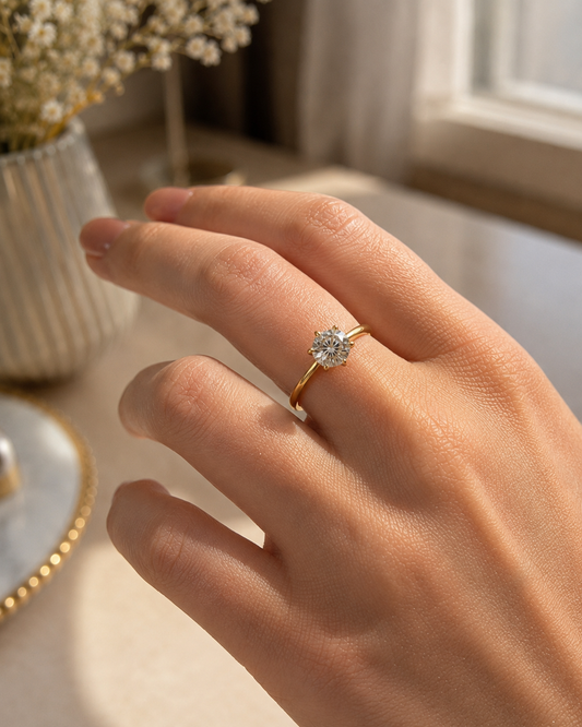 Zethech Round Moissanite Ring shown from refined product angle