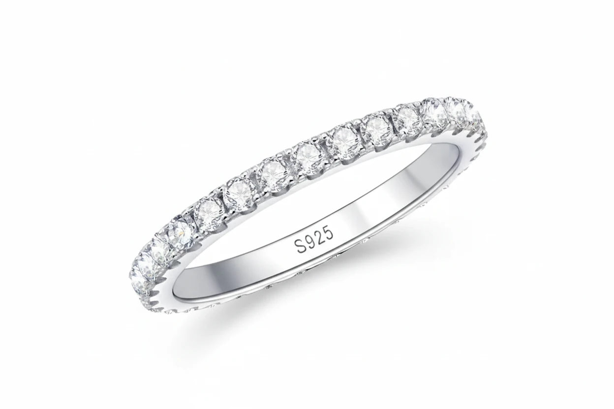 Zethech Moissanite Eternity Band with sparkling stones around the ring