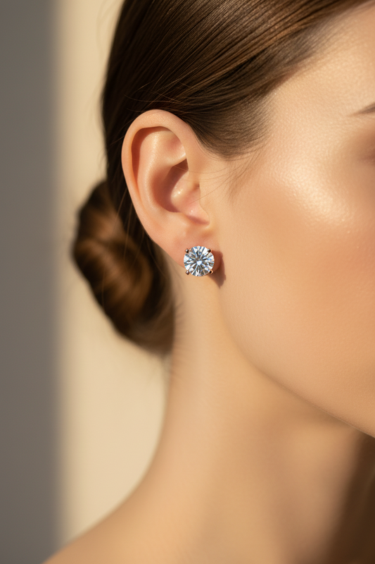 Rose Moissanite Stud Earrings by Zethech featuring sparkling gemstone studs with silver settings.