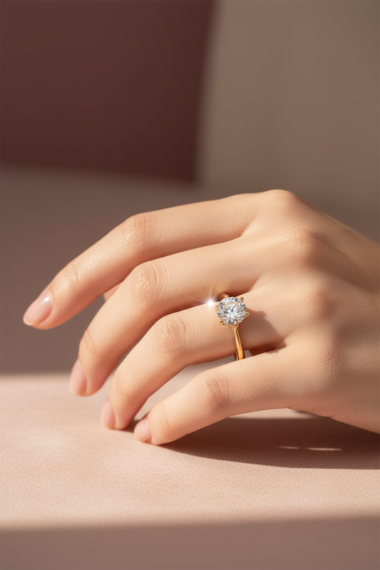 Round moissanite ring by Zethech featuring a sparkling central stone and polished band on a white background.