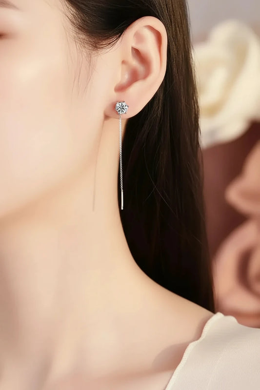 Zethech Moissanite Tassel Drop Earrings in white gold-plated sterling silver with sparkling lab-grown moissanite gemstones and tassel design.