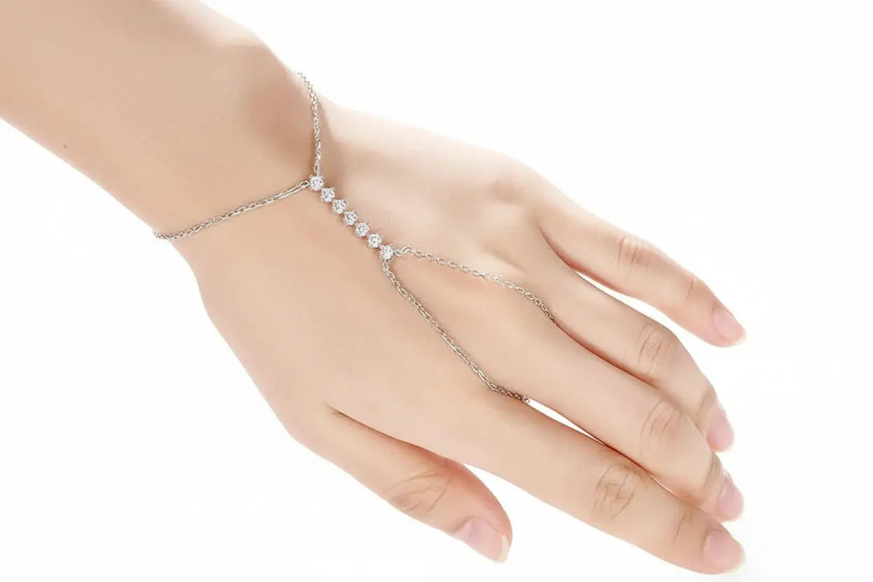Rose gold Celestial Sparkle 7-stone adjustable Moissanite bracelet by Zethech with sparkling 3mm gemstones, sterling silver chain.