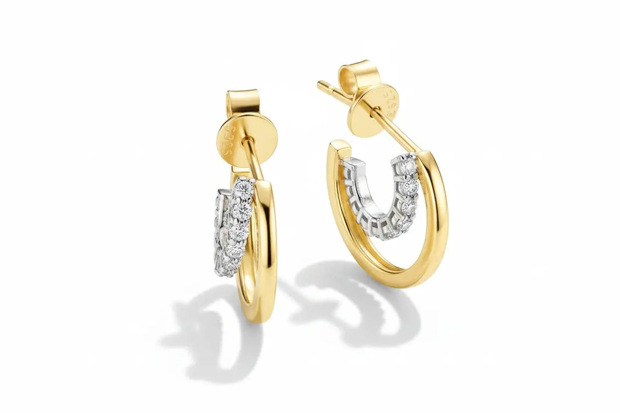 Zethech delicate moissanite huggie hoop earrings for women, 1.5mm D-color lab-grown diamonds in S925 sterling silver with 18k gold plating.