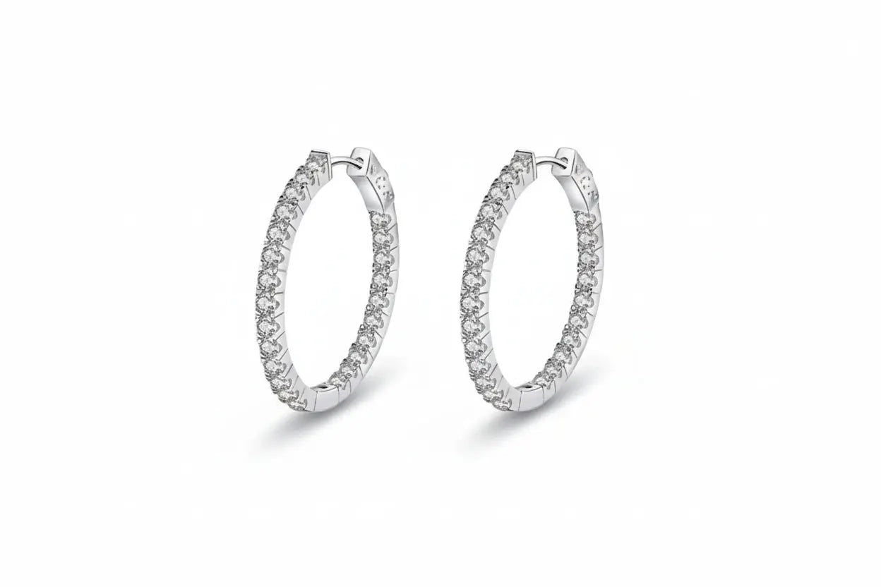 Silver full moissanite statement hoops by Zethech with sparkling starlight glamour and 1.74ctw, showcasing elegant, eye-catching jewelry.