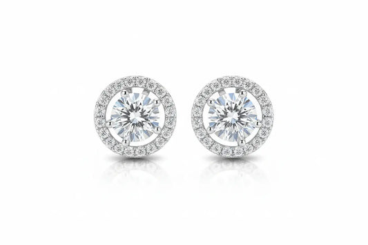 Zethech Aura Brilliance Moissanite Halo Stud Earrings featuring sparkling moissanite gemstones and a classic stud design.