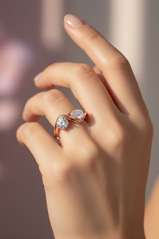 Round Pear Silver Ring by Zethech with 2cttw moissanite, sterling silver band, 18k gold plating, perfect for women and special occasions.