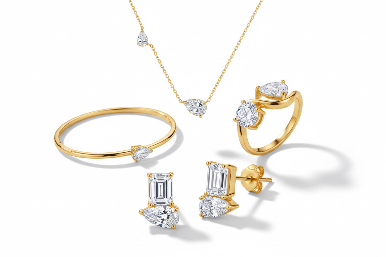 Selected ZETHECH moissanite jewelry with rings, necklaces, earrings and bracelets