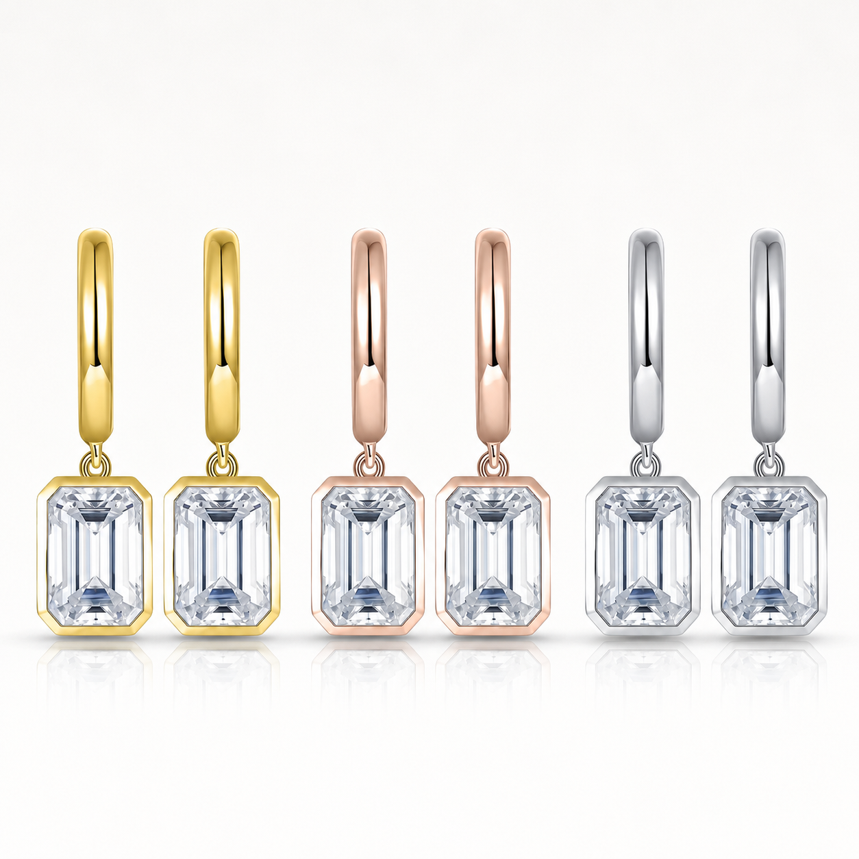 New Zethech moissanite jewelry edit featuring emerald-cut drop earrings