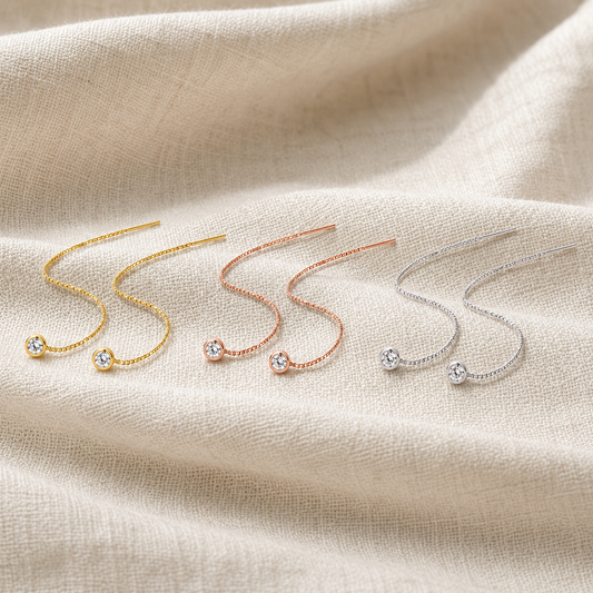 Round moissanite threader drop earrings in white, yellow and rose gold-plated finishes