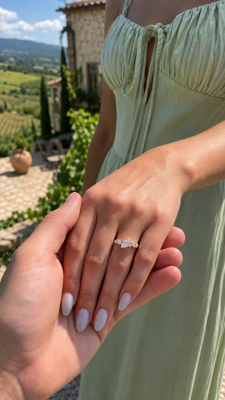 Zethech Celeste Marquise Moissanite Ring worn on hand with silver and rose gold finish options