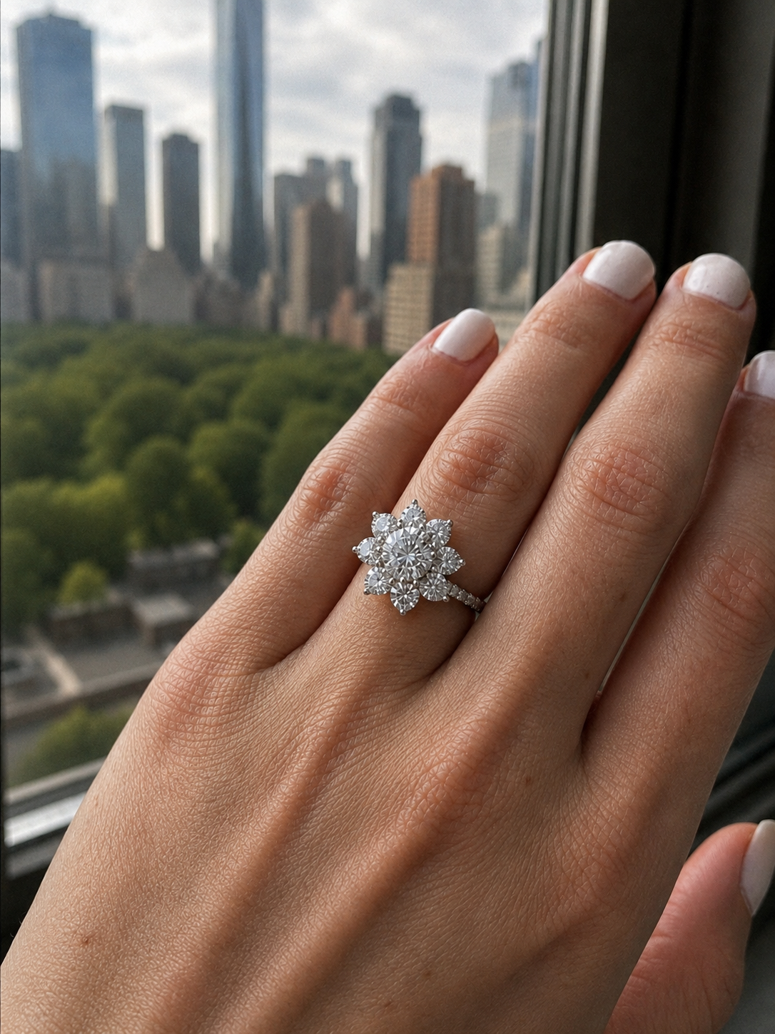 Zethech floral halo moissanite ring shown from premium product angle