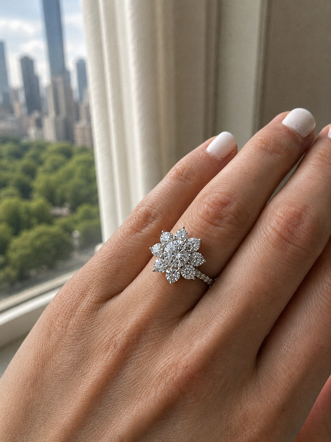 Zethech Halo Moissanite Ring detail image with round center stone and halo setting