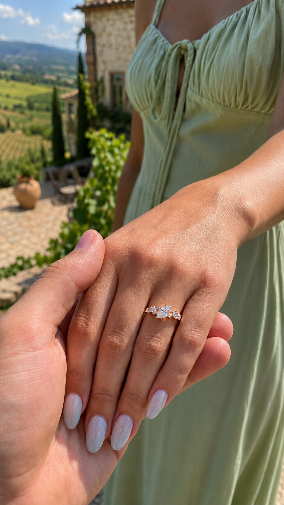 Zethech Celeste Marquise Moissanite Ring shown on hand with elegant stone detail