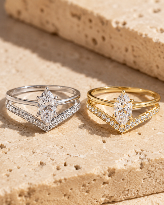 Velvet Marquise Moissanite Ring with elongated center and side stones