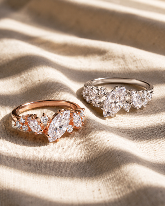 Celeste Marquise Moissanite Ring in white- and rose-tone finishes