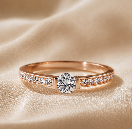 Rose-gold-tone round-cut moissanite solitaire ring with stone-set shoulders on beige satin