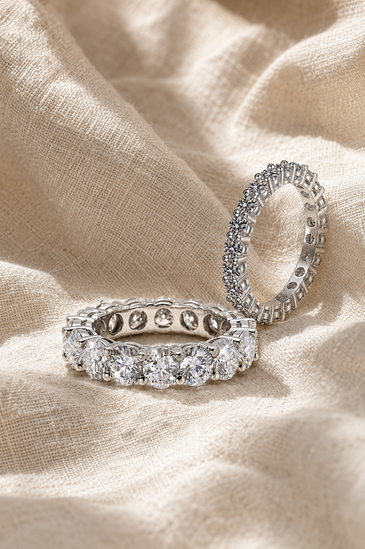 Classic moissanite eternity band with round stones set continuously around the full band