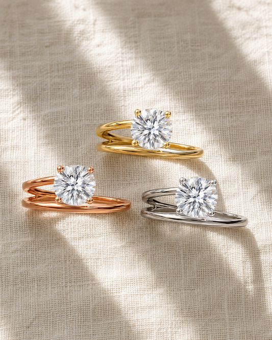 Classic round-cut moissanite solitaire rings in yellow, rose, and silver-tone finishes