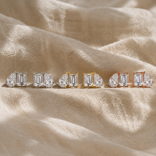 Pear and emerald-cut moissanite stud earrings in white, yellow and rose gold-plated finishes