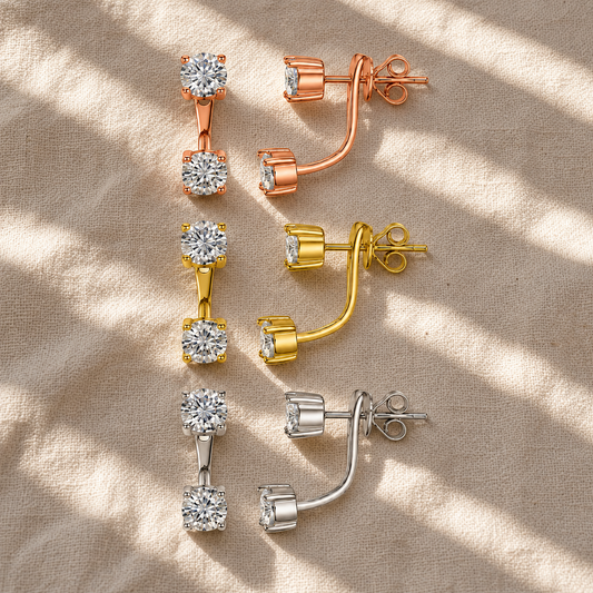 Essential round moissanite drop studs in rose, yellow and white gold-plated finishes