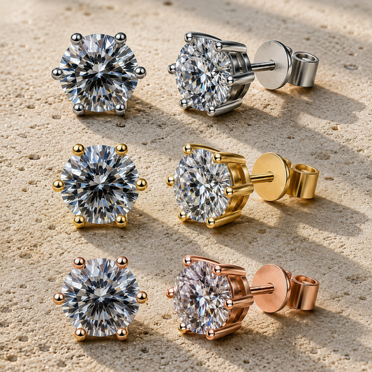 Crown-set round moissanite studs in white, yellow and rose gold-plated finishes