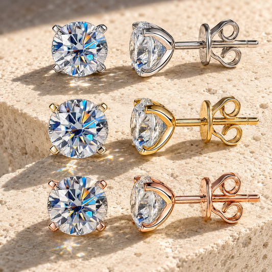 Round moissanite stud earrings in white, yellow and rose gold-plated finishes