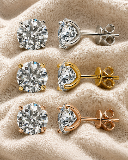 Signature round moissanite stud earrings in white, yellow and rose gold-plated finishes