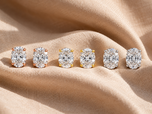 Verona oval-cut moissanite studs in white, yellow and rose gold-plated finishes