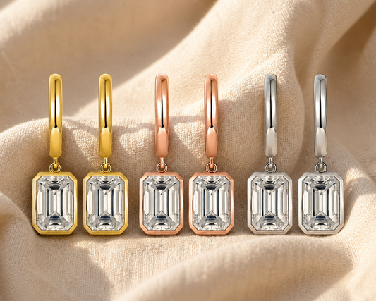 Emerald-cut moissanite drop earrings in white, yellow and rose gold-plated finishes
