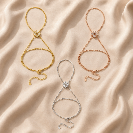 Moissanite hand chain bracelets with finger loops in yellow, rose, and silver-tone finishes