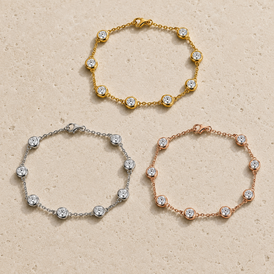 Eight-stone 4 mm moissanite bracelets in yellow, silver, and rose-gold-tone finishes