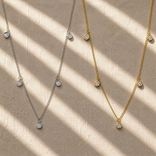 Minimal Round-Cut Moissanite Necklace — small round moissanite stations on a fine chain