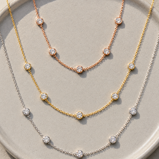 Round-Cut Bubble Moissanite Necklace — 5 mm round moissanite in a smooth bubble setting