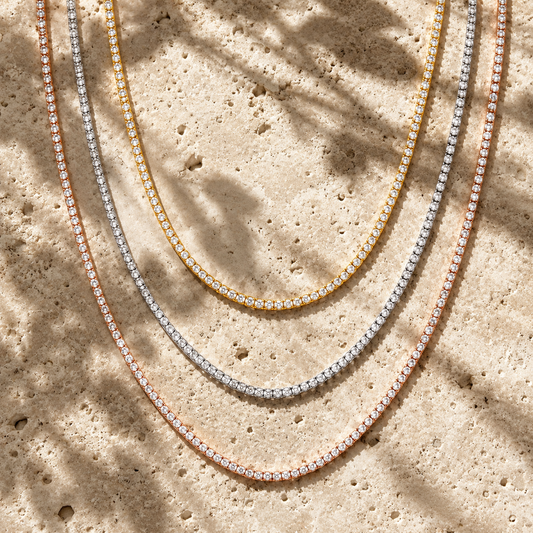 Slim Round-Cut Moissanite Tennis Necklace — continuous 2 mm round moissanite stone line