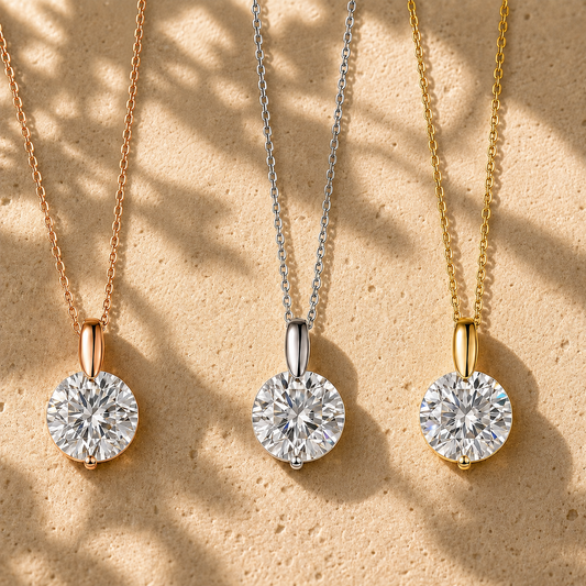 Round-Cut Moissanite Halo Necklace — round moissanite center and surrounding halo