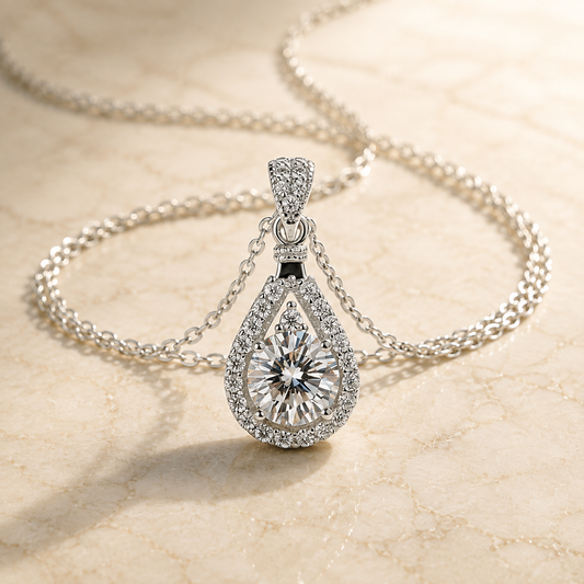 Eclipse Moissanite Drop Necklace — elongated moissanite drop pendant on a fine chain