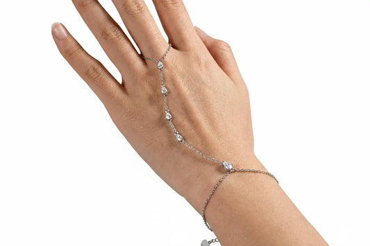 Zethech pear chain bracelet featuring linked pear-shaped charms in silver finish, close-up shot showing intricate design details.