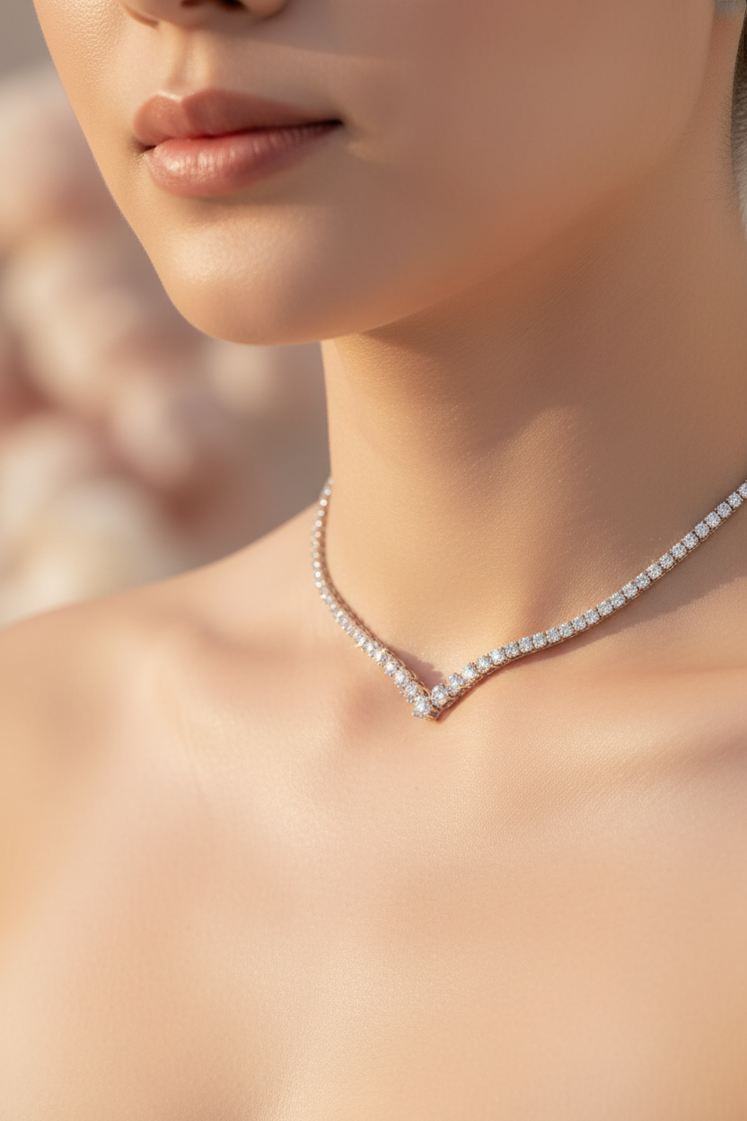 V-shape tennis necklace by Zethech featuring sparkling crystals and a sleek silver finish, designed for elegant wear.