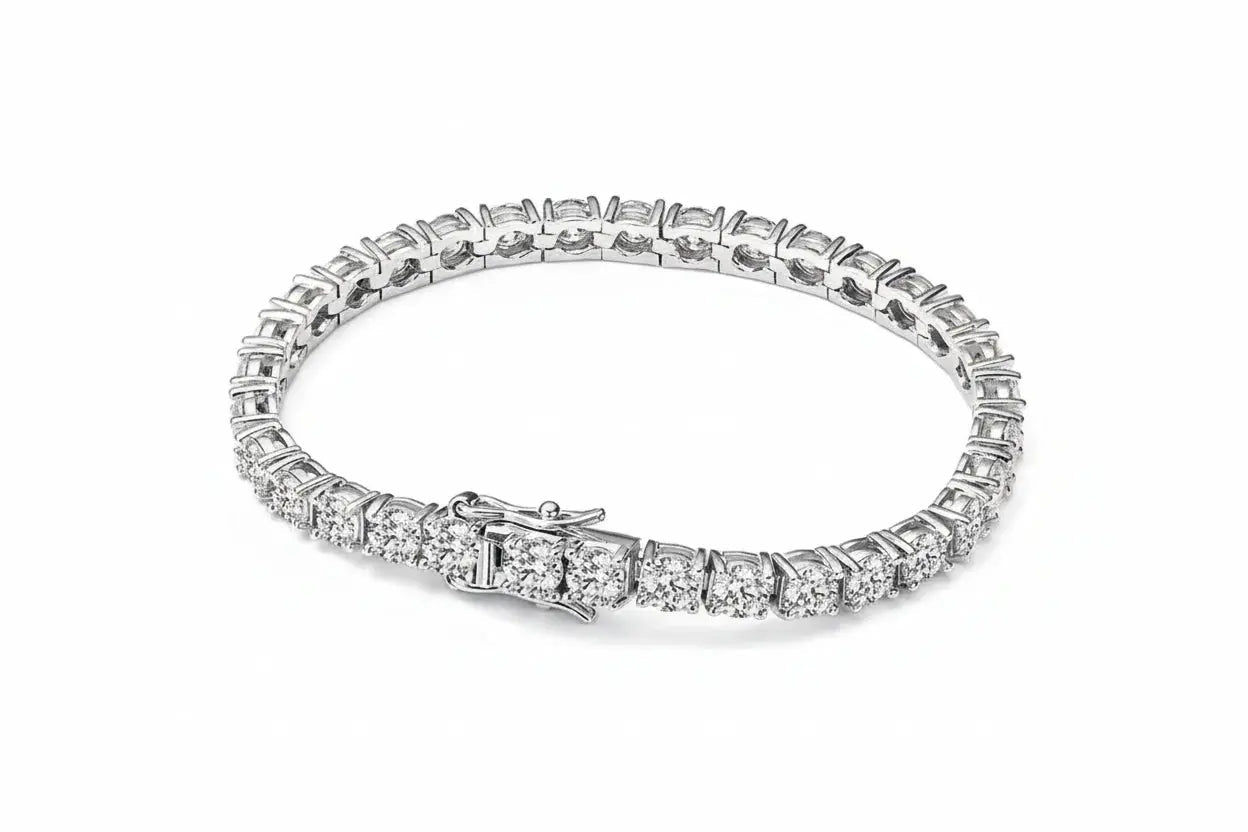 Zethech moissanite tennis bracelet with sparkling gemstones and silver-tone setting, close-up of elegant jewelry design.