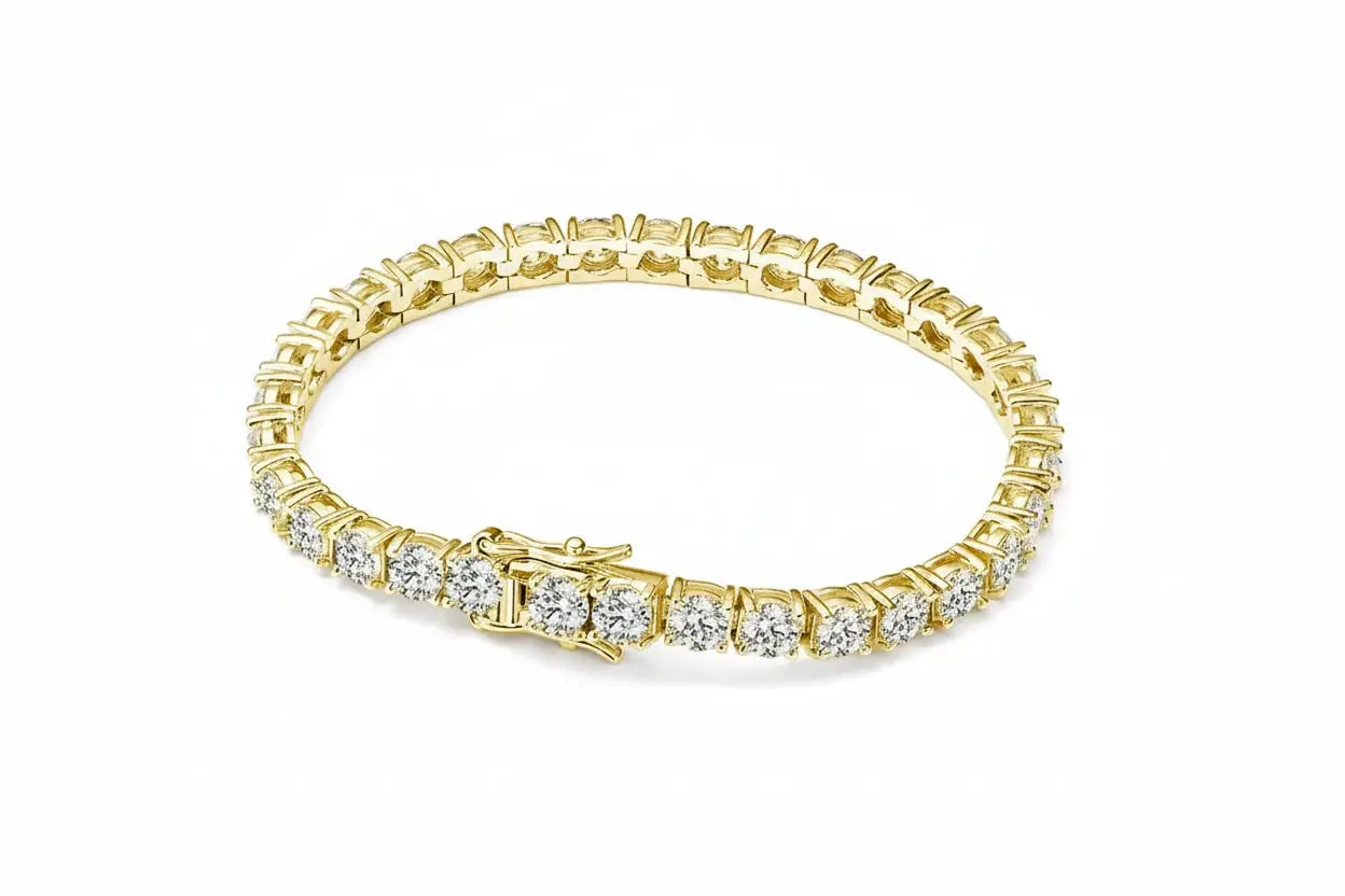 Moissanite tennis bracelet by Zethech featuring sparkling gemstone-studded design on a delicate silver chain.