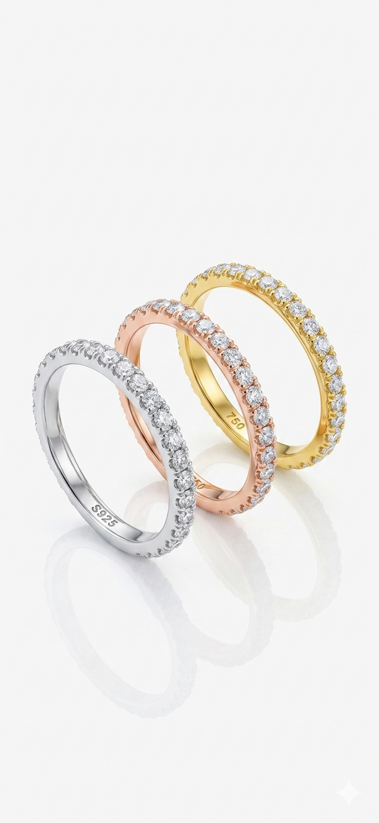 Zethech moissanite eternity band ring with sparkling gemstones set in a continuous circle design.