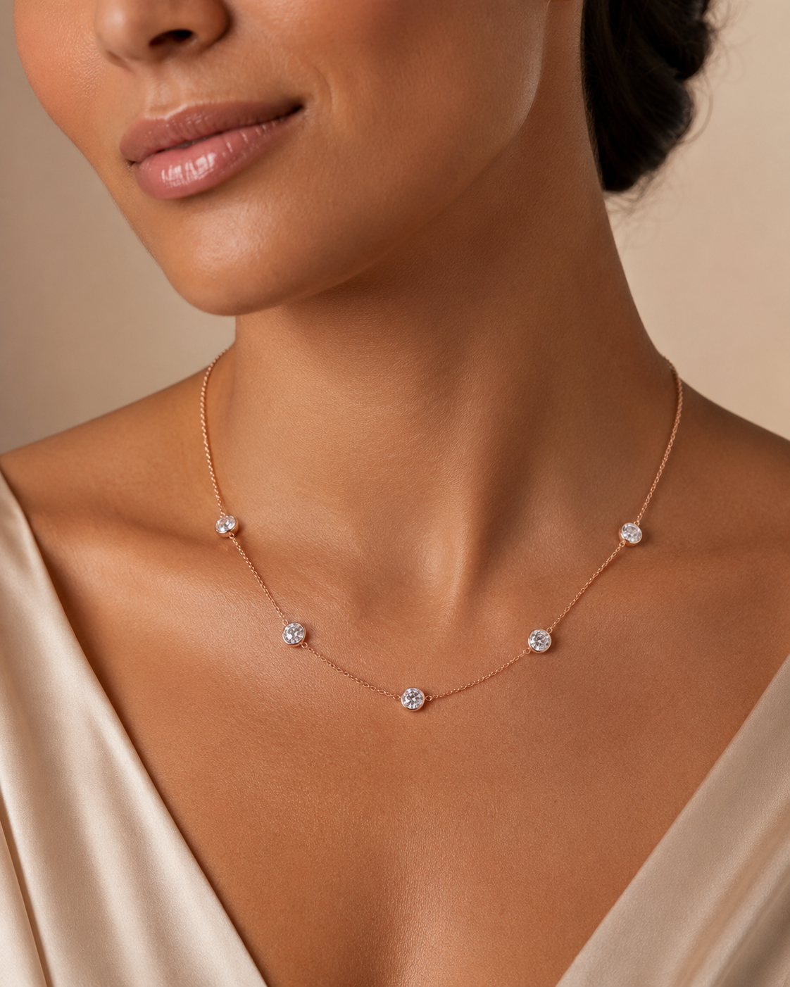 Elegant Bubble Moissanite Necklace by Zethech featuring sparkling round moissanite stones on a delicate chain.