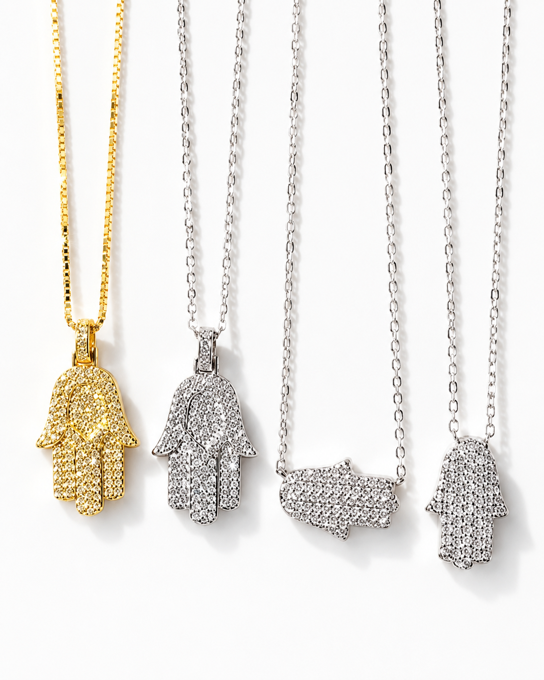 Zethech Moissanite Hamsa Necklace in three gold finishes