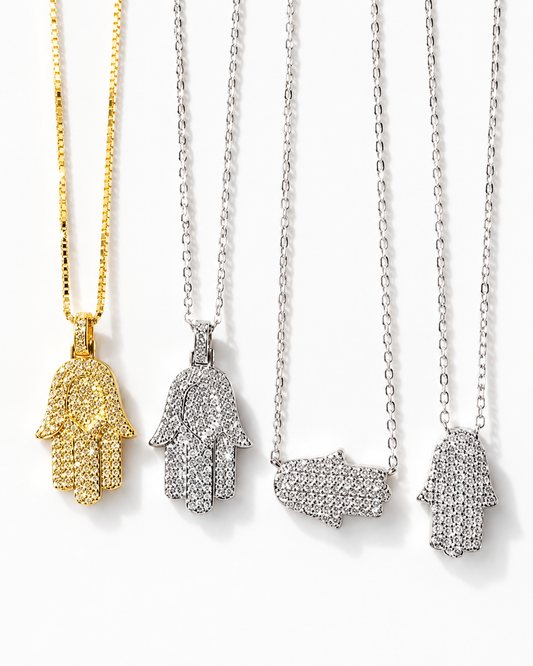Zethech Moissanite Hamsa Necklace in three gold finishes