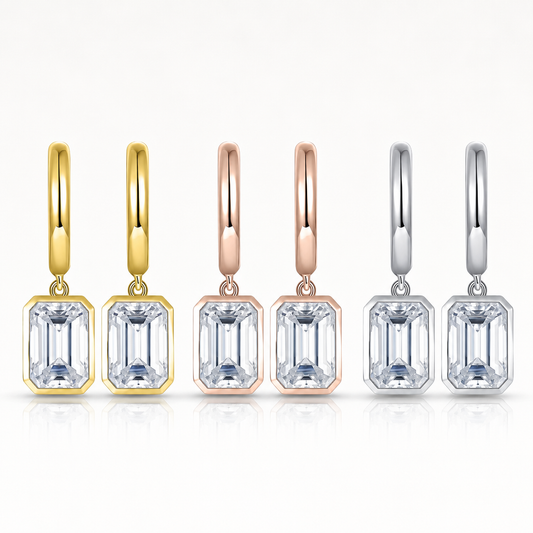 Zethech Emerald Cut Moissanite Drop Earrings in three finishes