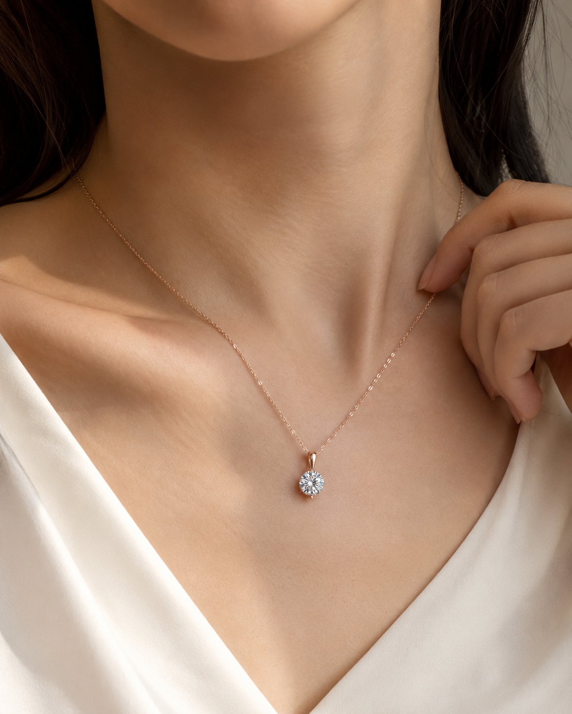 Zethech Halo Solitaire Necklace worn with clear round pendant