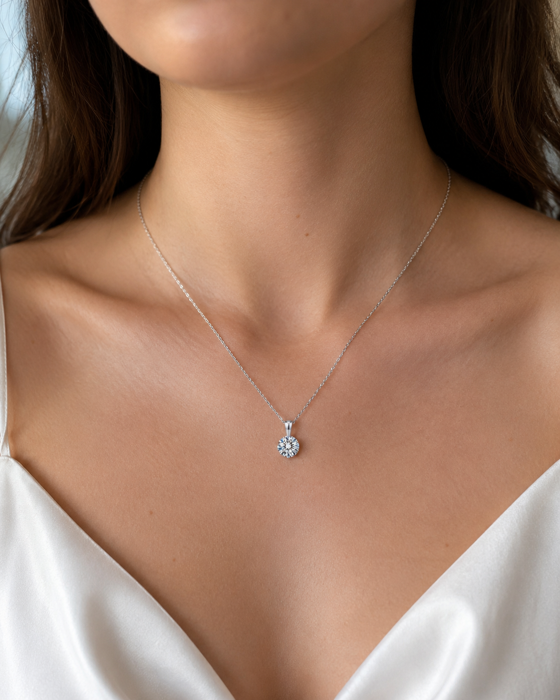 Zethech Halo Solitaire Necklace worn on model in silver finish