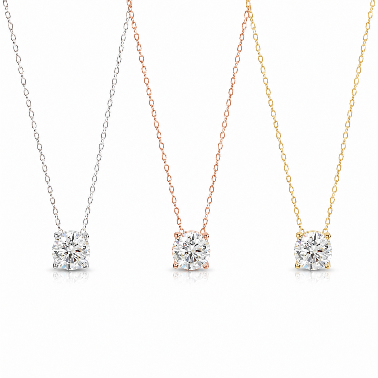 Zethech Round Moissanite Necklace in white rose and yellow gold finishes